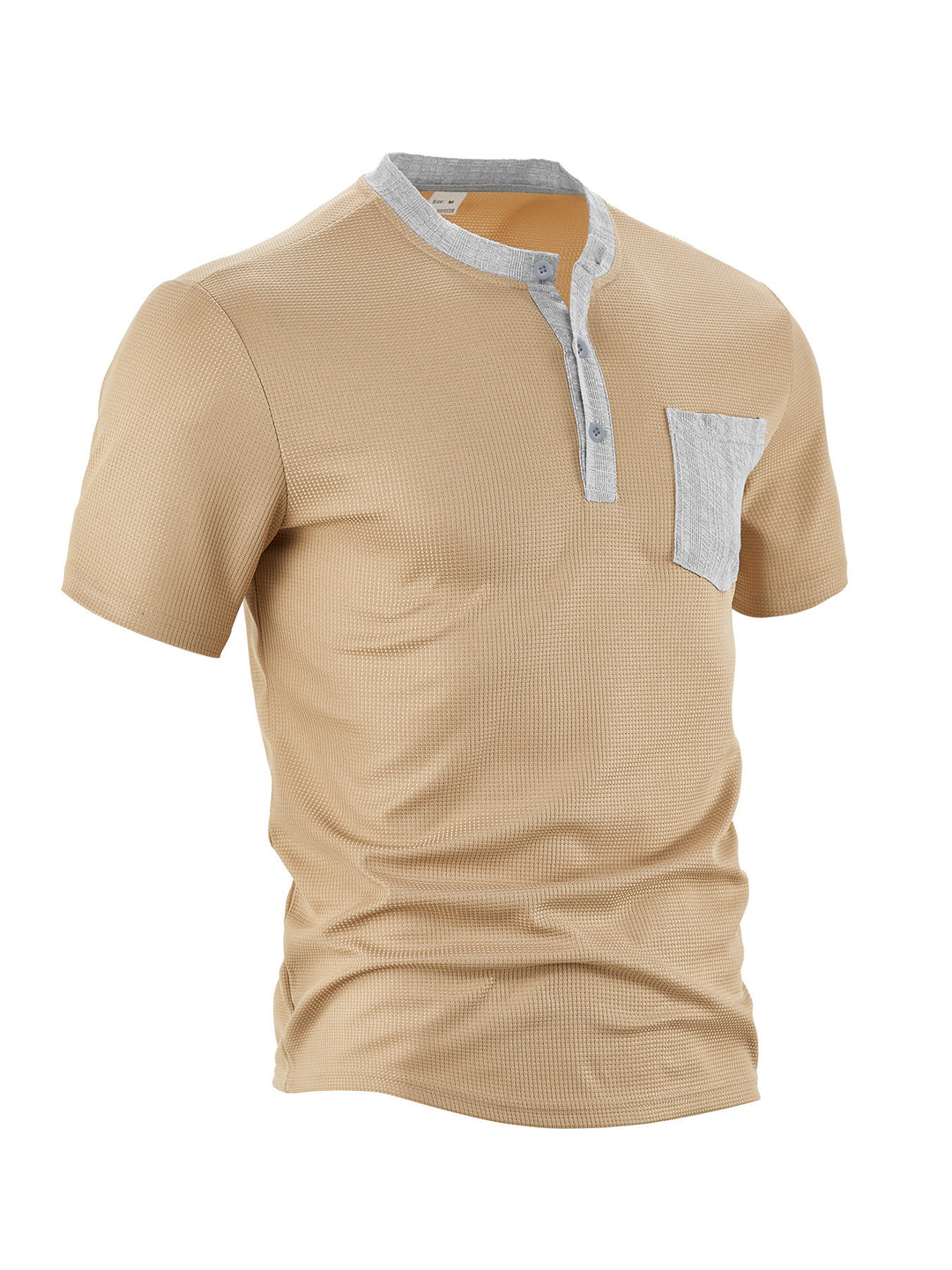 Men's breathable waffle henley shirt with stand-up collar, short button placket, and patch chest pocket StylebySassy