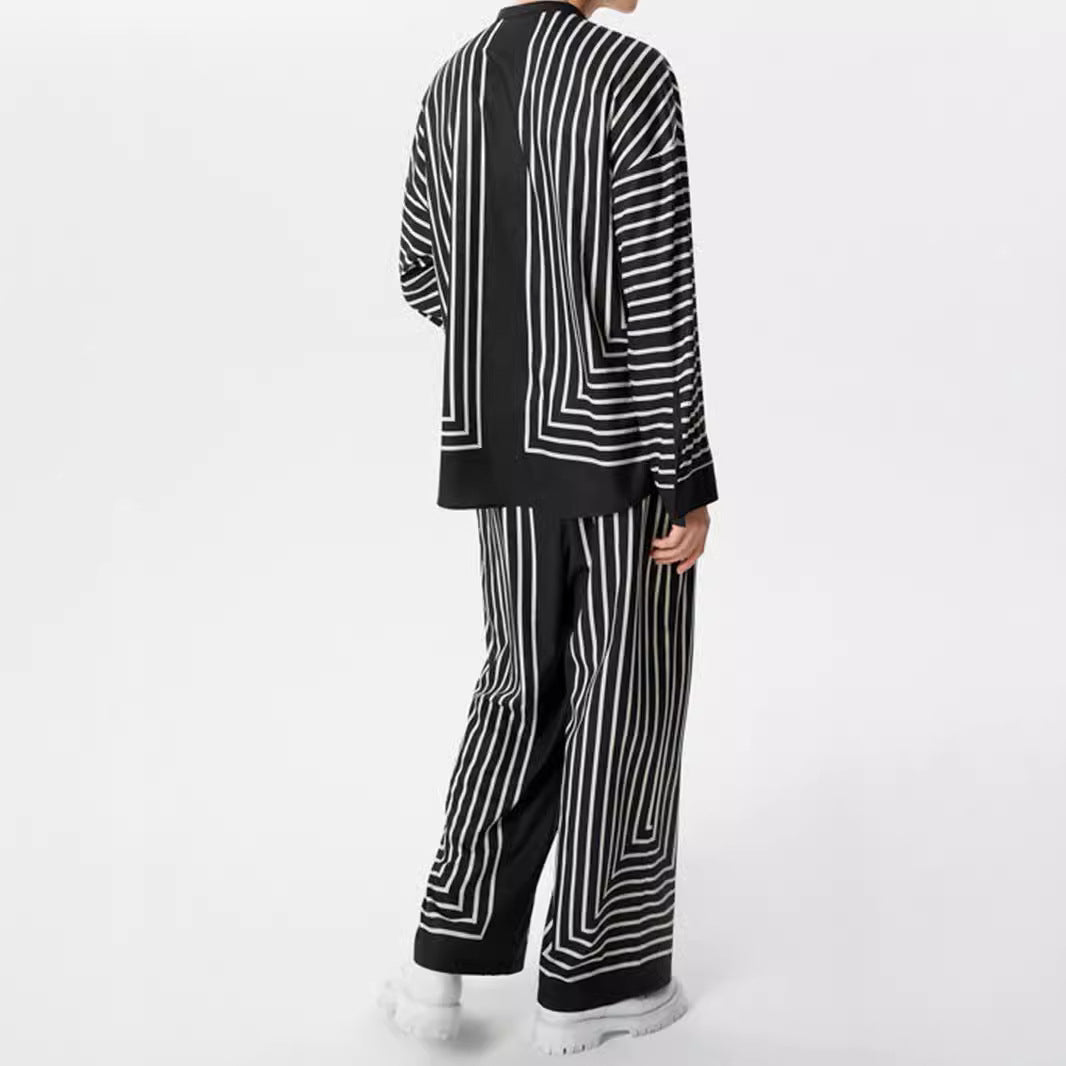 Women's striped lounge two-piece with stand-up collar button-up shirt jacket and straight pajama pants StylebySassy