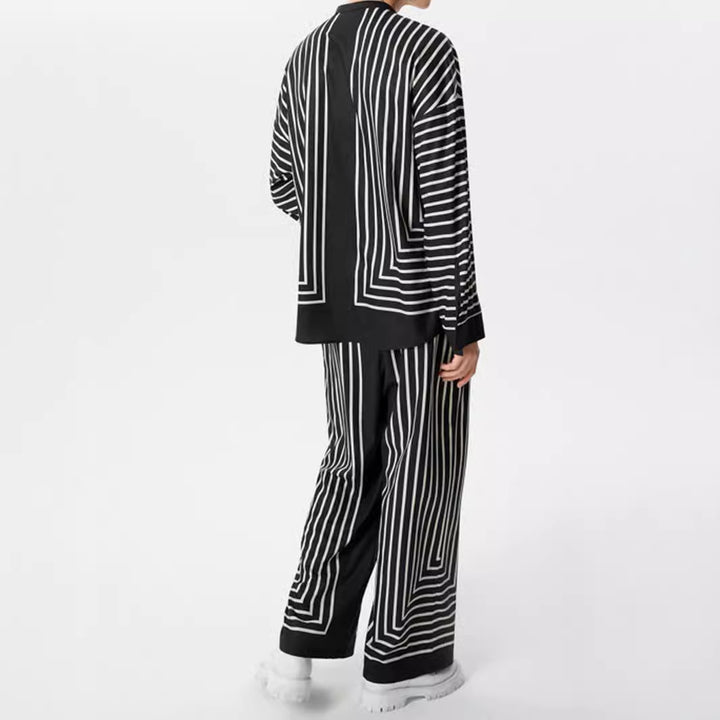 Women's striped lounge two-piece with stand-up collar button-up shirt jacket and straight pajama pants StylebySassy
