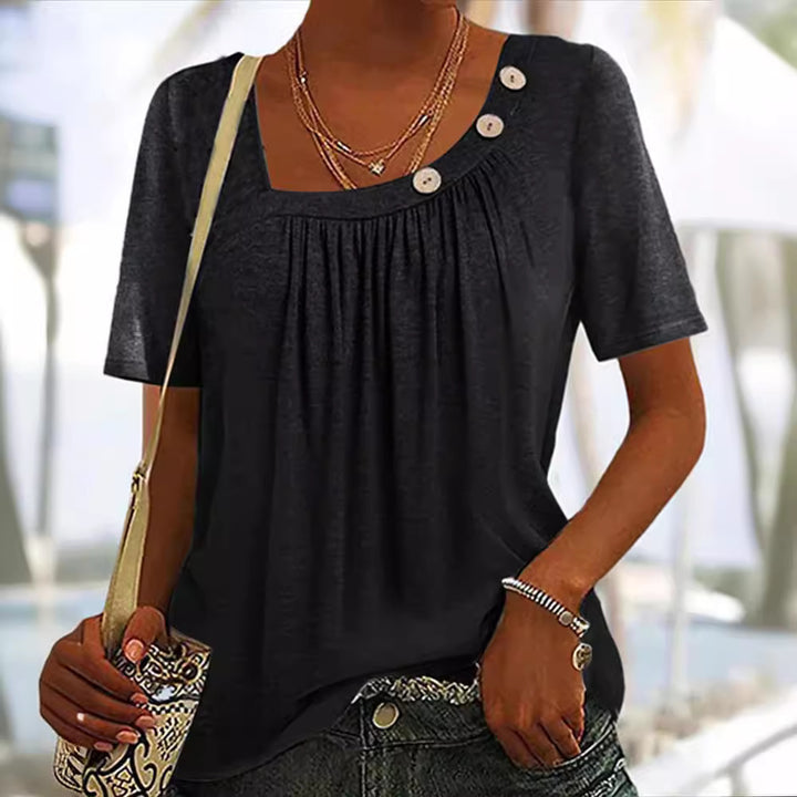 Women's boxy short-sleeve shirt with square neckline, gathered bust area and decorative button detail StylebySassy