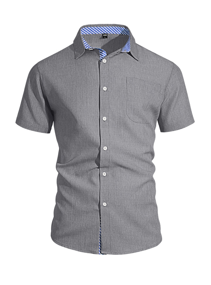 Men's Business Casual Short Sleeve Shirt with Striped Collar Lining and Chest Pocket StylebySassy