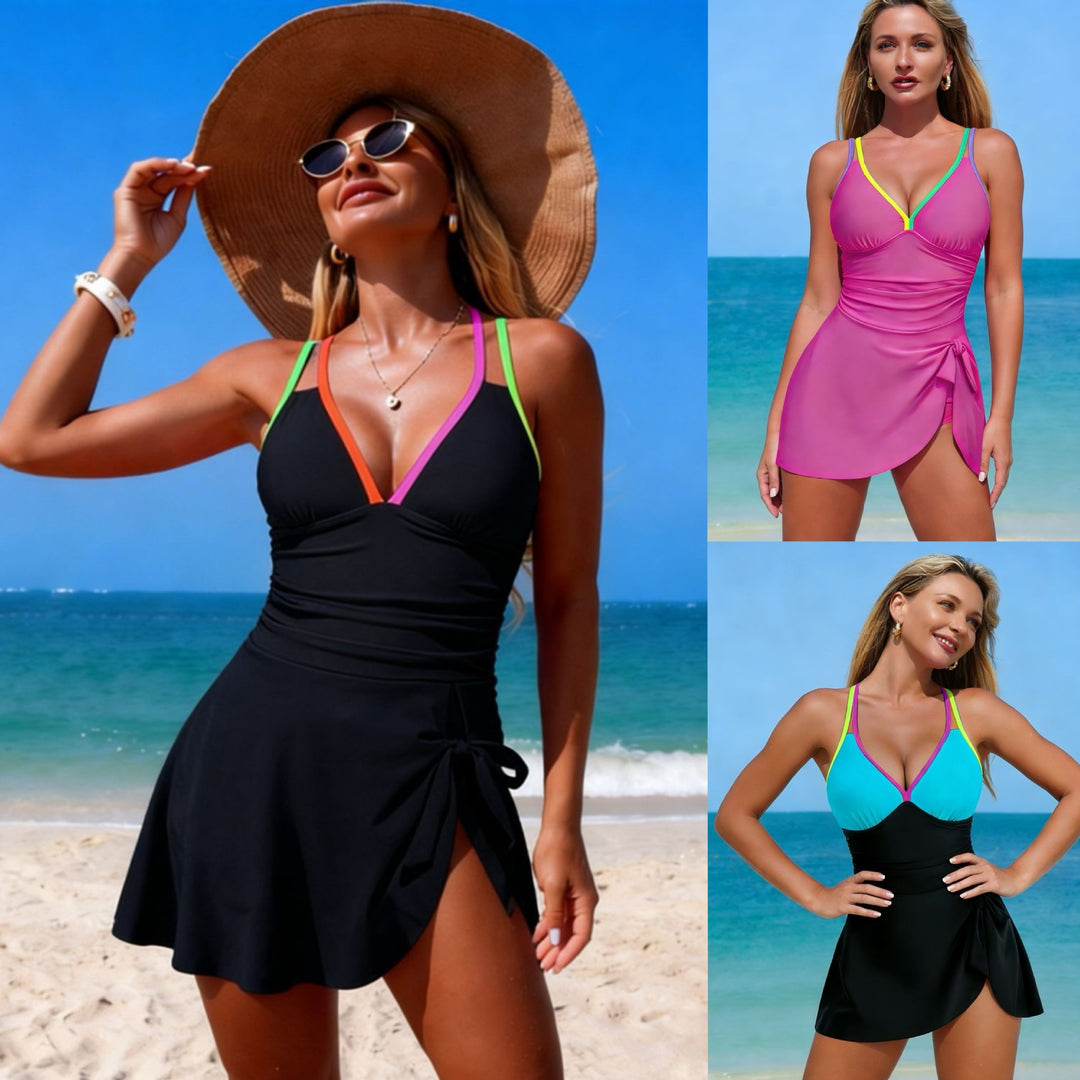Ladies Tankini with fashionable wrap skirt and colorful accents StylebySassy
