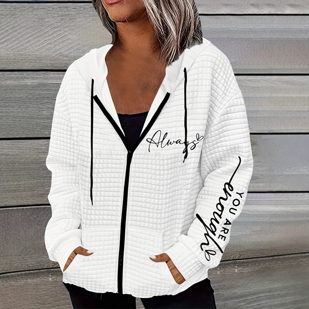 Women's oversized hooded jacket with zipper, handwritten typo application and contrast side pockets StylebySassy