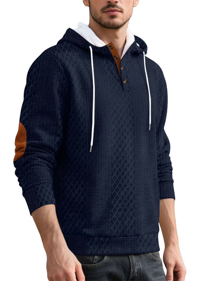 Men's nan diamond structure hoodie with short button placket, quilted hood inner edge, and suede elbow patch StylebySassy