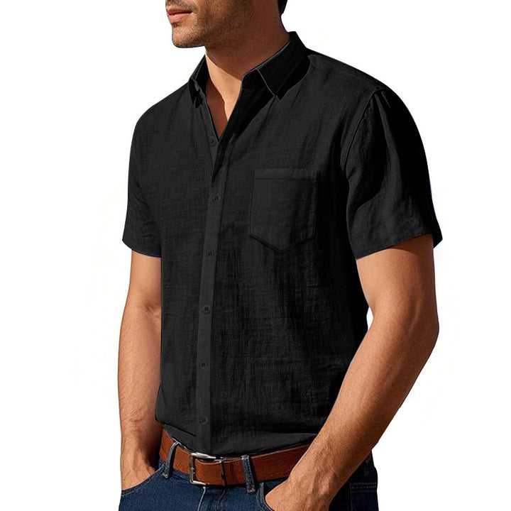 Men's short-sleeved textured shirt made of breathable slub linen with a spread collar, chest pocket, and straight hem StylebySassy