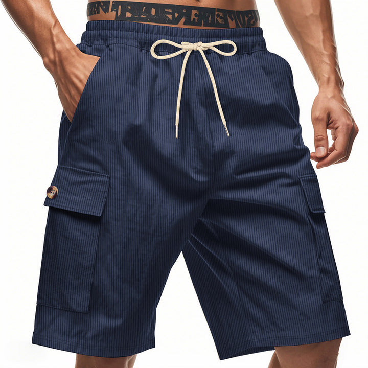 Men's casual utility bermuda with fine ribbed texture, elastic drawstring, and flap pockets StylebySassy