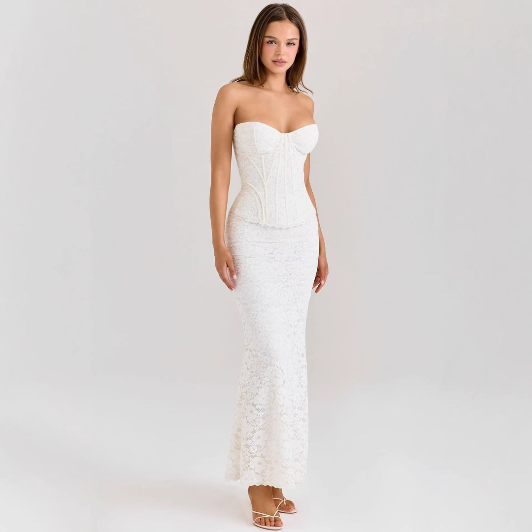 Women's two-piece lace corset set with reinforced bustier and figure-hugging mermaid skirt StylebySassy