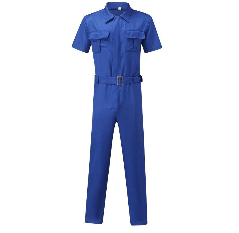 Men's short-sleeve work overall with waist belt and chest pockets StylebySassy