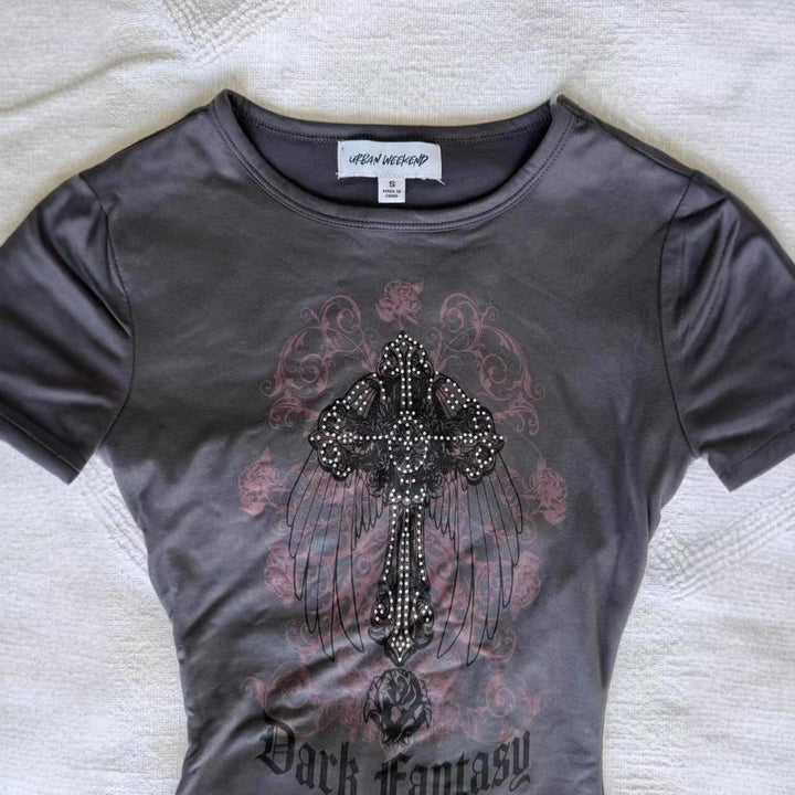 Women's T-shirt with sparkling graphic cross and floral design StylebySassy