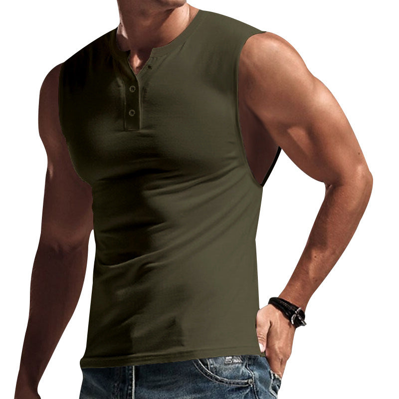 Men's sleeveless muscle shirt with Henley button placket, deep armhole, and elastic cotton blend StylebySassy