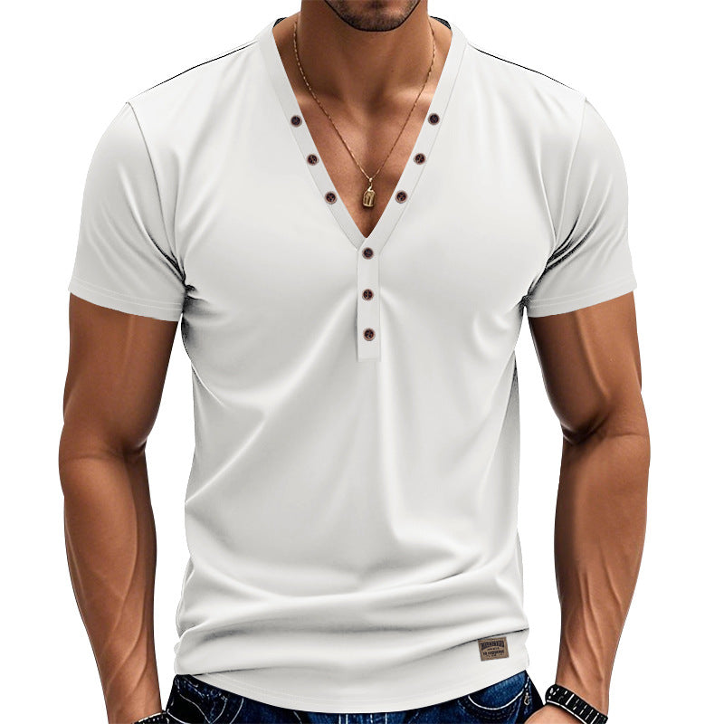 Men's tailored short-sleeve Henley shirt made of cotton-elastane with a deep V-neckline and decorative button placket StylebySassy
