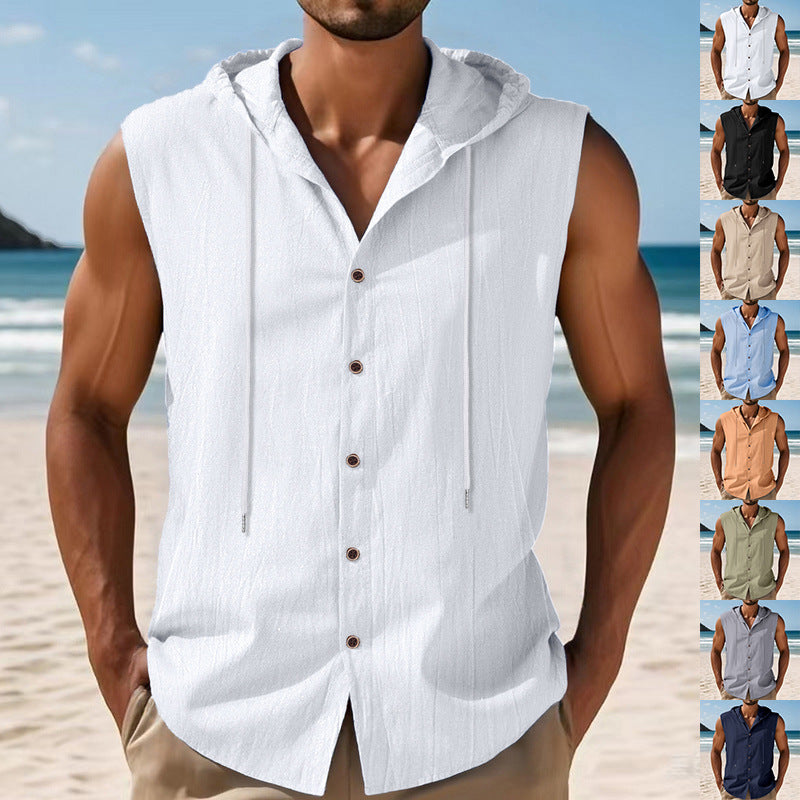 Men's sleeveless hooded shirt made of crepe-structured cotton blend with continuous button placket and drawstring StylebySassy