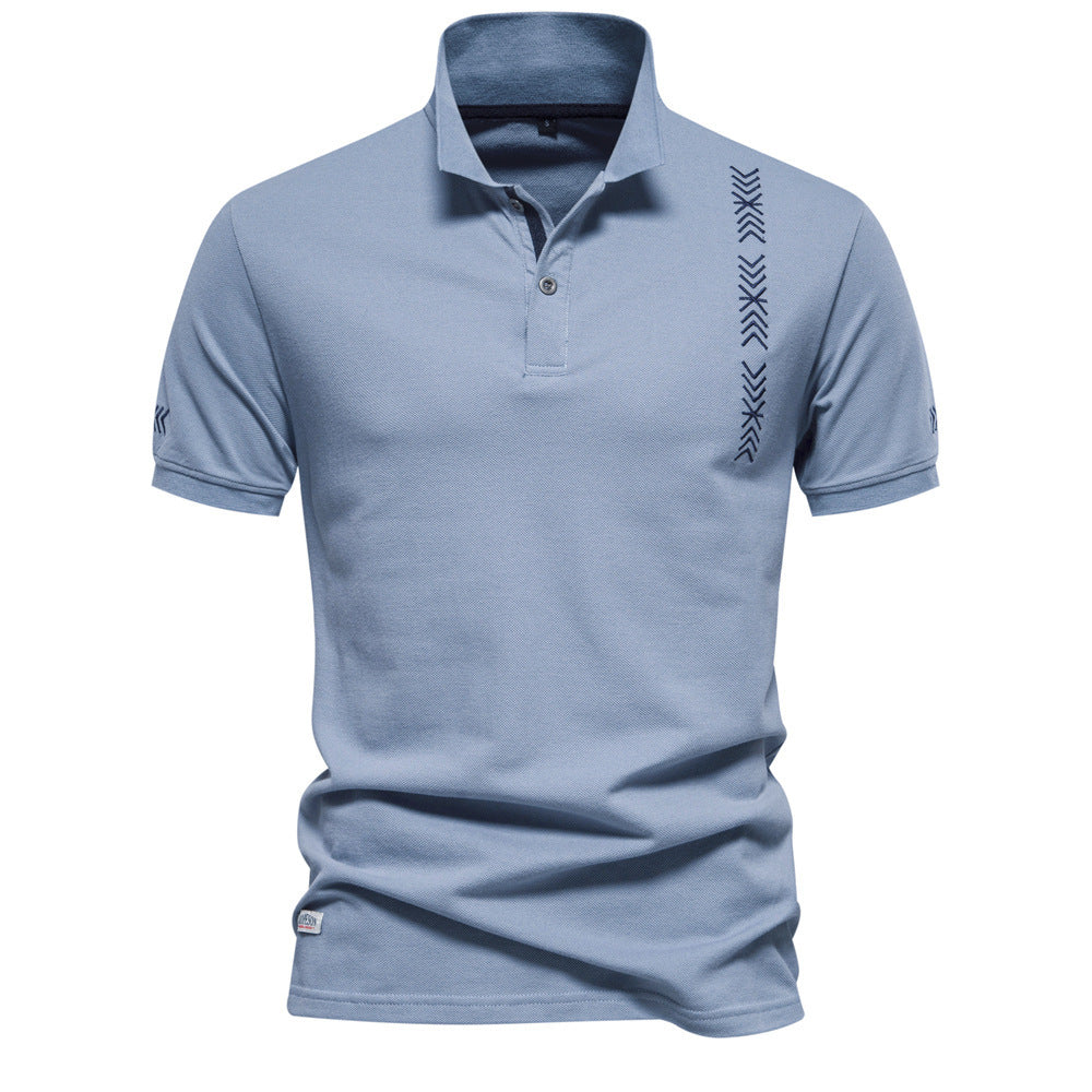 Men's nan casual polo with short button placket, embroidered arrow motif panel, and stand-up collar StylebySassy