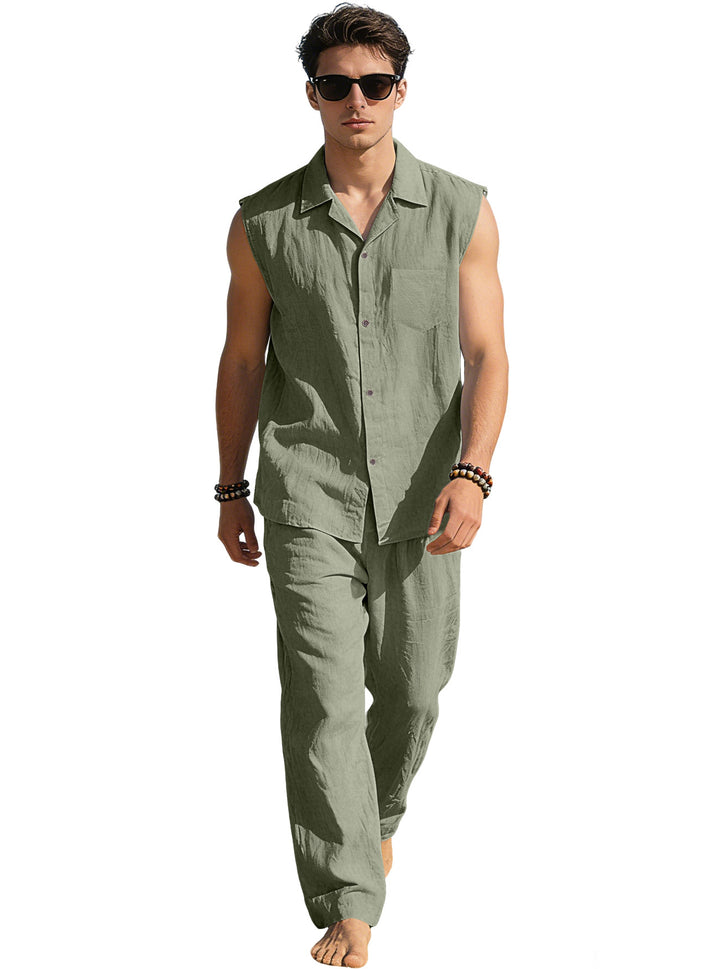 Men's sleeveless linen leisure set with lapel collar, chest pocket, and straight pants StylebySassy