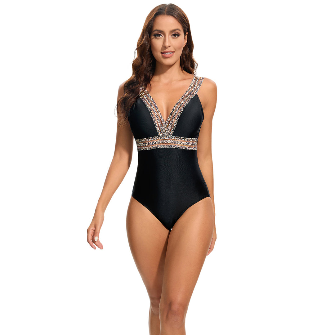 Women's Elegant One-Piece Swimsuit with Deep V-Neck and Sparkling Accents StylebySassy