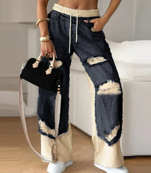 Women's double-layer jeans with appliquéd denim panels, elastic drawstring waistband, wide leg, and vintage-like rips StylebySassy