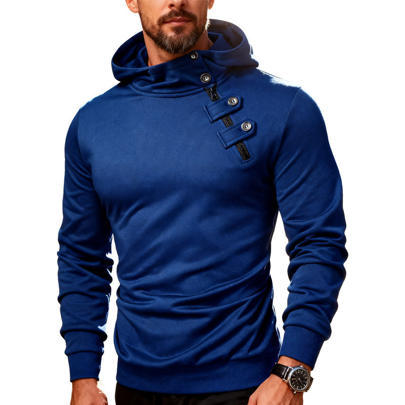 Men's fitted hoodie with high collar, decorative tabs and concealed diagonal zipper StylebySassy