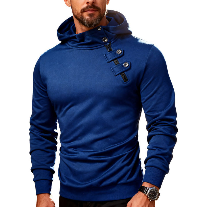 Men's fitted hoodie with high collar, decorative tabs and concealed diagonal zipper StylebySassy