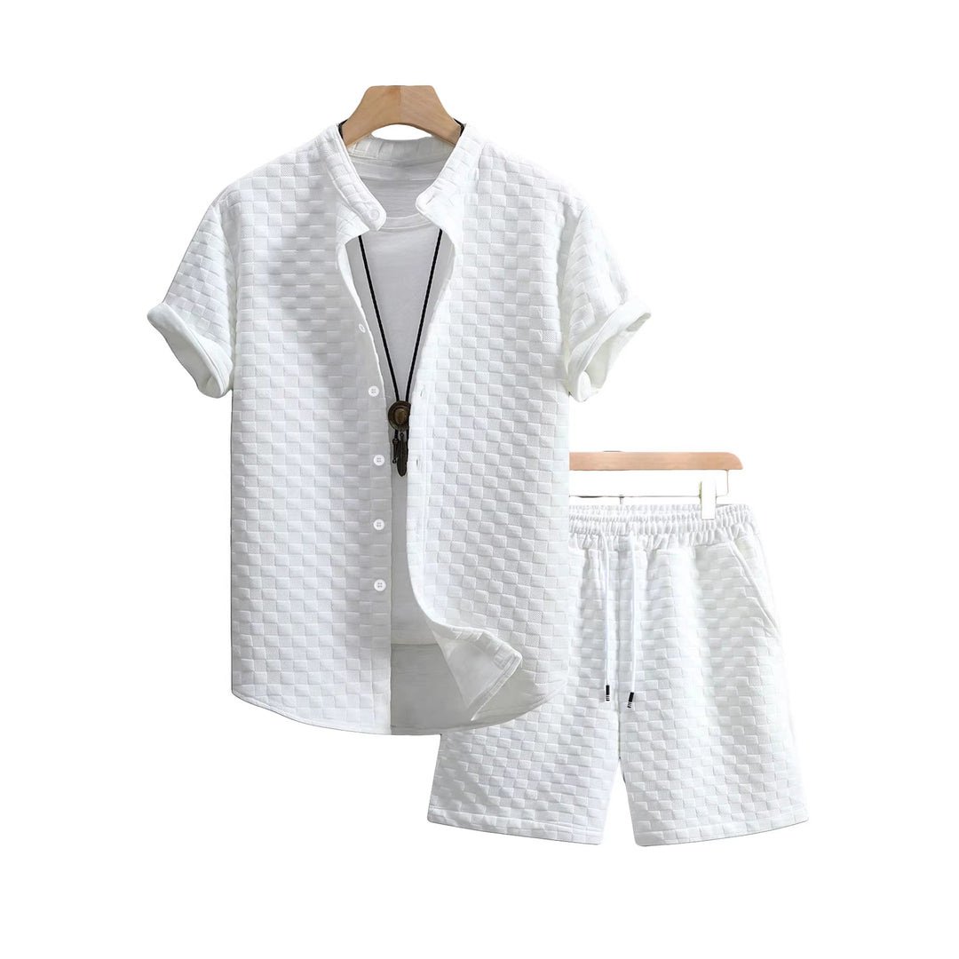 Men's two-piece summer ensemble with stand-up collar shirt jacket and elastic comfort shorts in embossed checked texture StylebySassy