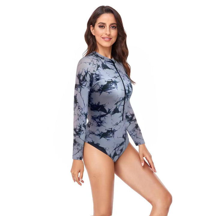 Women Long Sleeve Swimsuit with Zipper and Modern Marble Design StylebySassy
