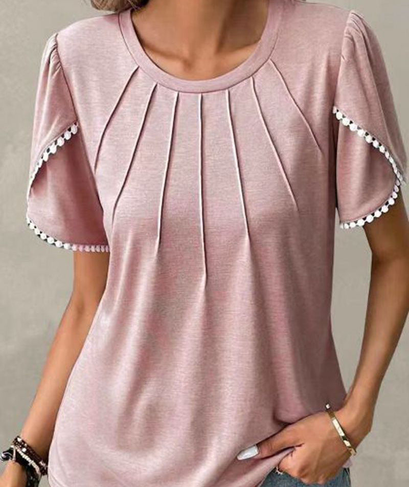 Women's round neck shirt with decorative pleated front, flutter sleeves and pompom trim StylebySassy