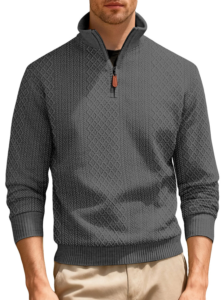 Men's half-zip pullover in fine-structured jacquard relief with high stand-up collar and leather zipper StylebySassy