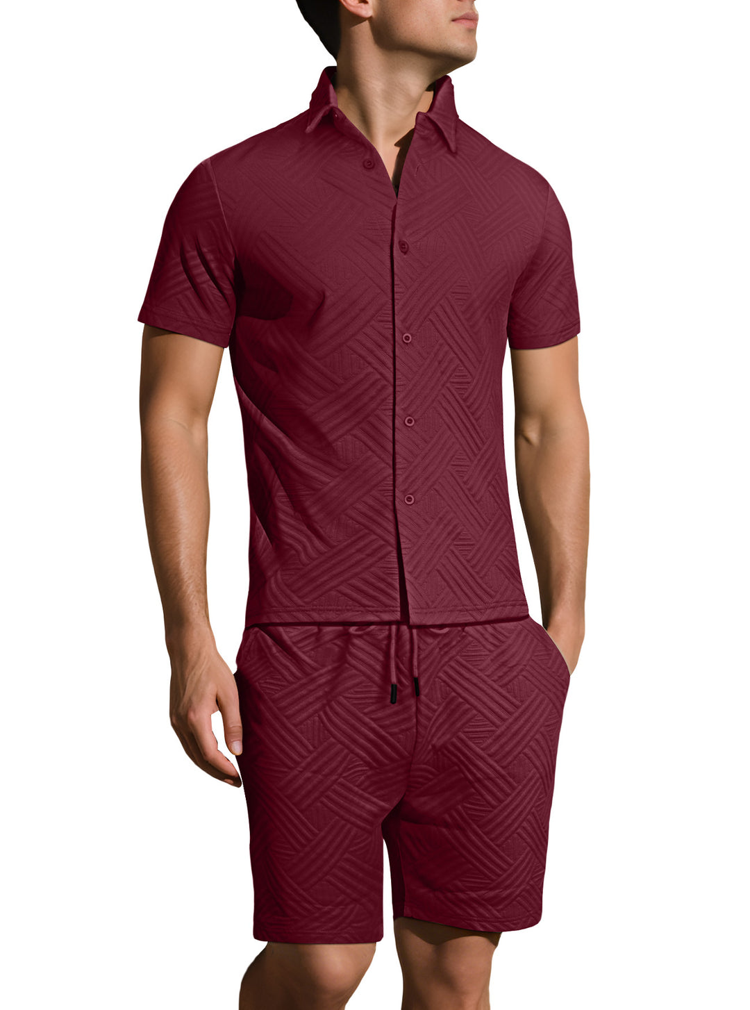Men's lightweight short-sleeve shirt and Bermuda two-piece set with embossed woven texture and drawstring waistband StylebySassy