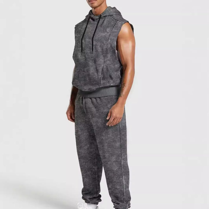 Men's sleeveless hooded sweat set in velour look with elastic joggers and ribbed cuffs StylebySassy