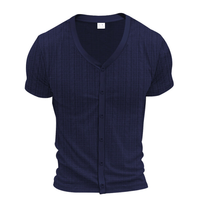 Men's short-sleeve fine knit cardigan with V-neck and continuous button placket StylebySassy