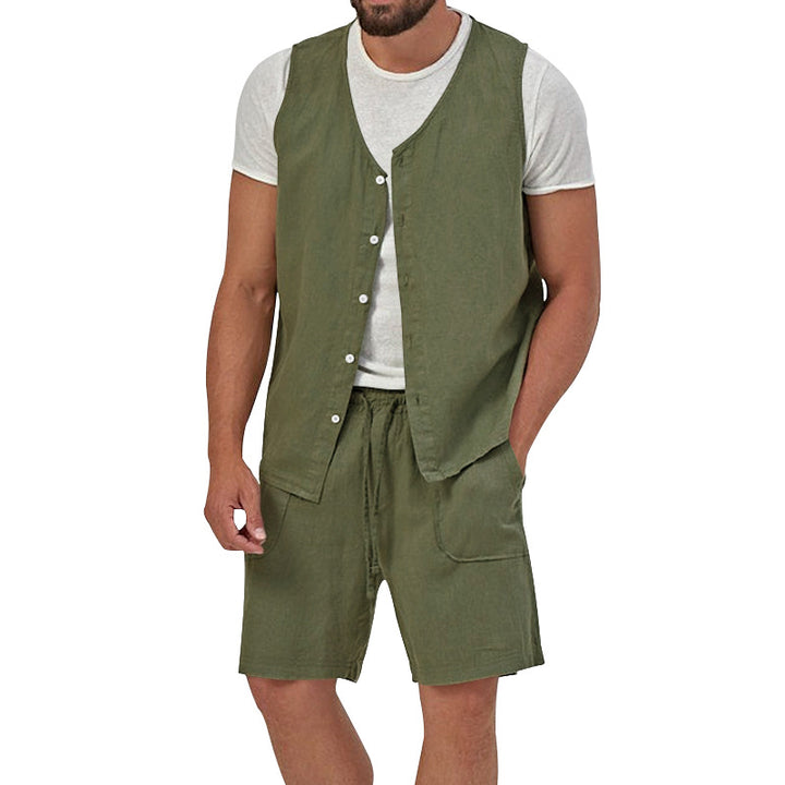 Men's two-piece leisure set with sleeveless button vest and wide drawstring shorts with patch pockets StylebySassy
