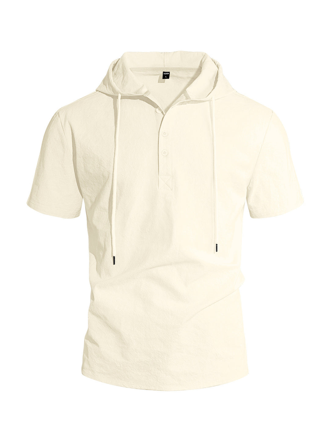 Men's short-sleeved hooded Henley made of slub cotton with concealed button placket and drawstring StylebySassy
