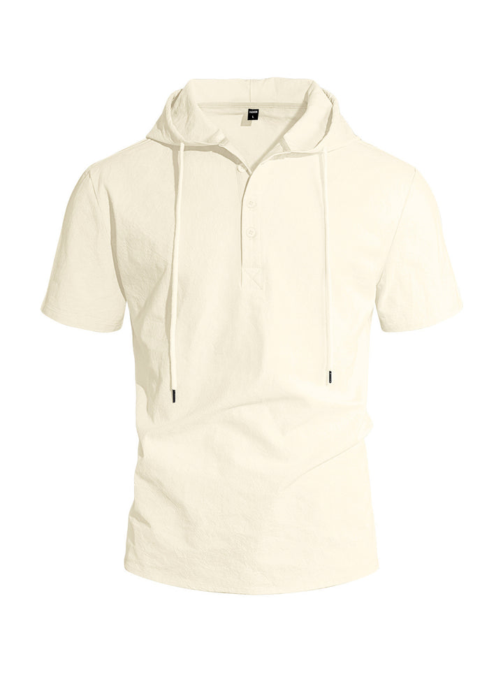 Men's short-sleeved hooded Henley made of slub cotton with concealed button placket and drawstring StylebySassy