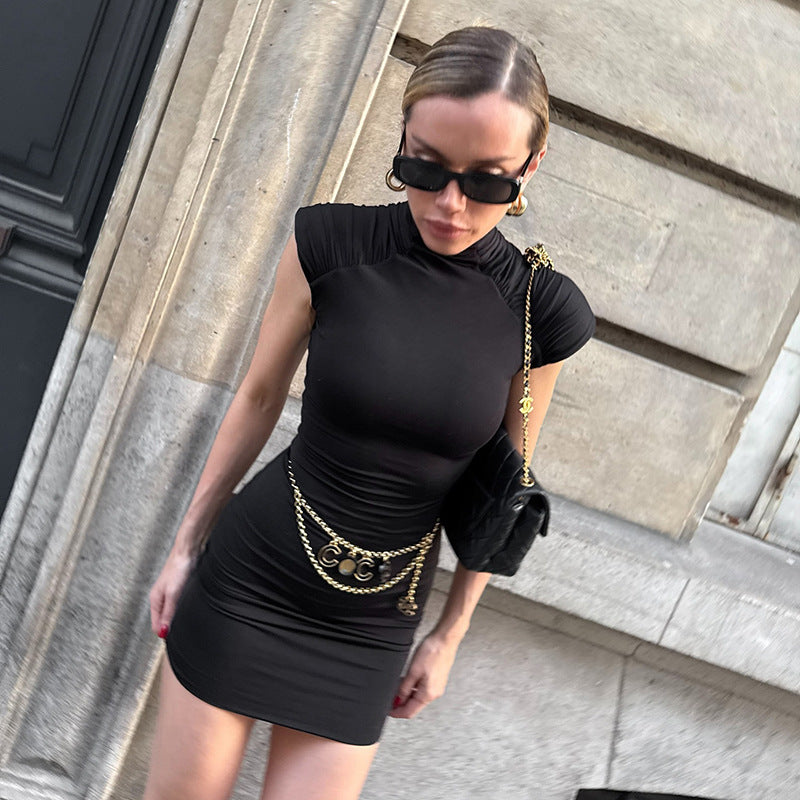 Women Elegant Mini Dress with High Collar and Refined Ruffle Details StylebySassy