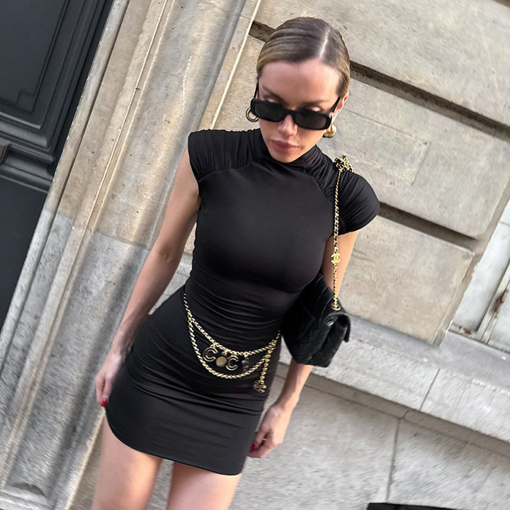 Women Elegant Mini Dress with High Collar and Refined Ruffle Details StylebySassy