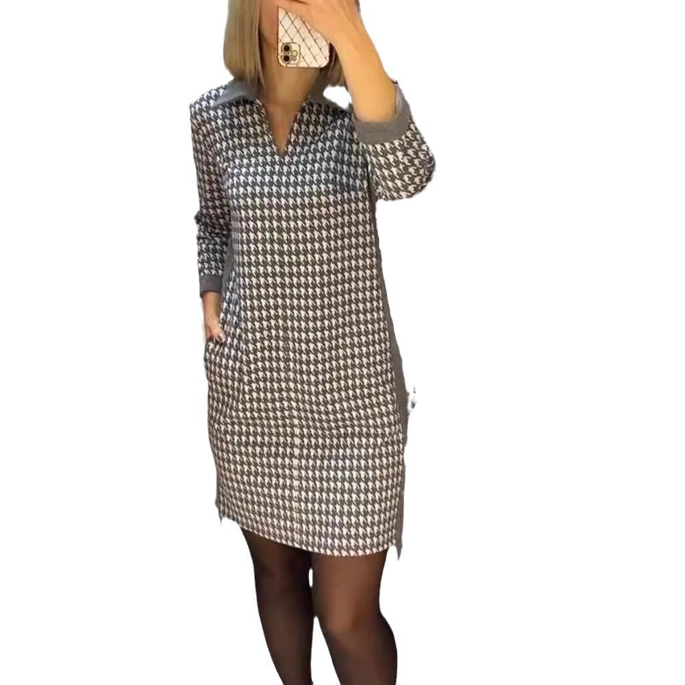 Ladies knee-length knitted dress with houndstooth, polo collar and side insert pockets StylebySassy