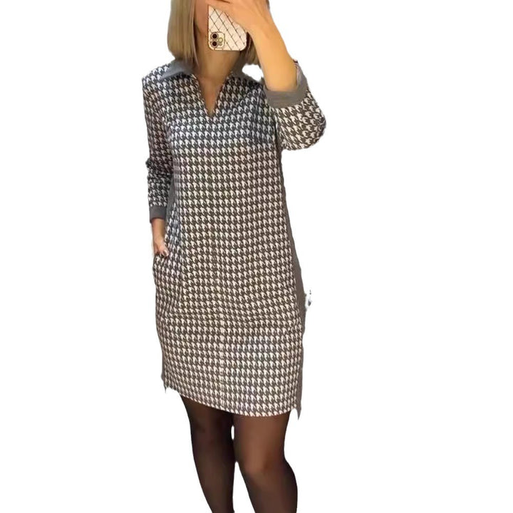 Women houndstooth knit dress with turned-down collar, V-neck, side pockets, and side slits StylebySassy