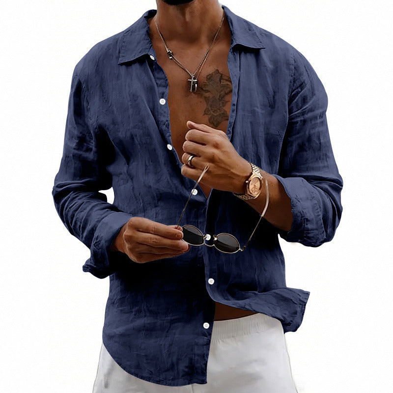 Men's airy relaxed linen shirt with open lapel, rounded hem, and roll-up sleeves StylebySassy