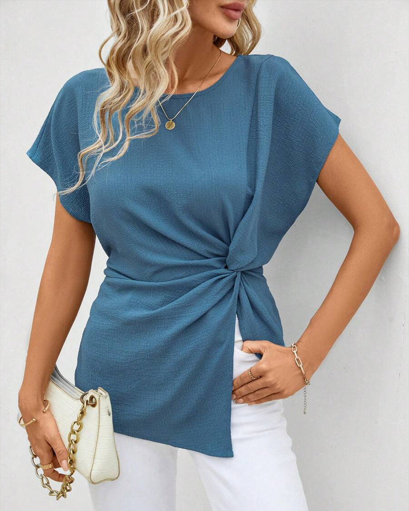 Women's fitted short sleeve draped shirt with side knot sling and textured crepe look StylebySassy