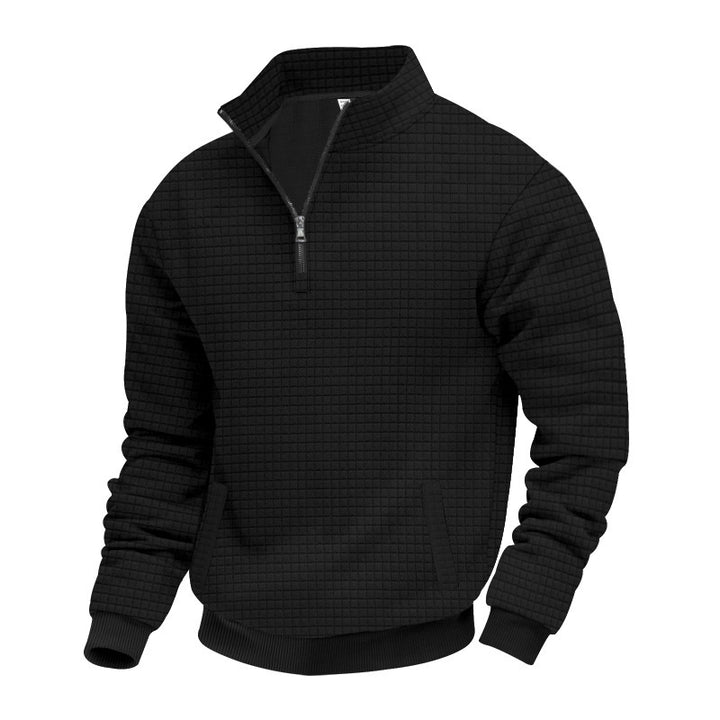 Men's quilted half-zip sweater with square waffle texture and kangaroo pocket StylebySassy