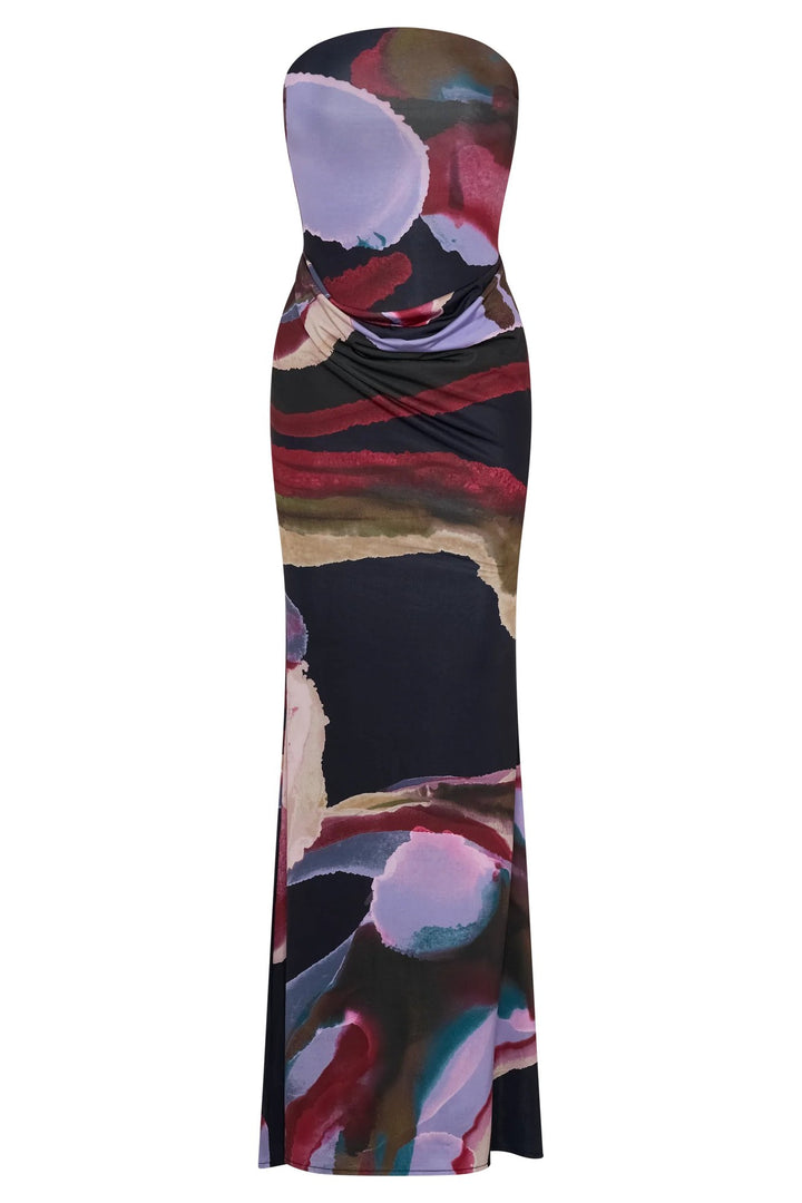 Women's Strapless Maxi Dress with Flowing Fabric and Artistic Print StylebySassy