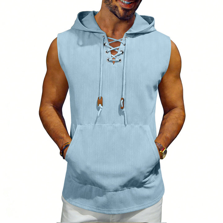 Men's sleeveless hooded vest with lace-up V-neck, kangaroo pocket, and casual fit StylebySassy