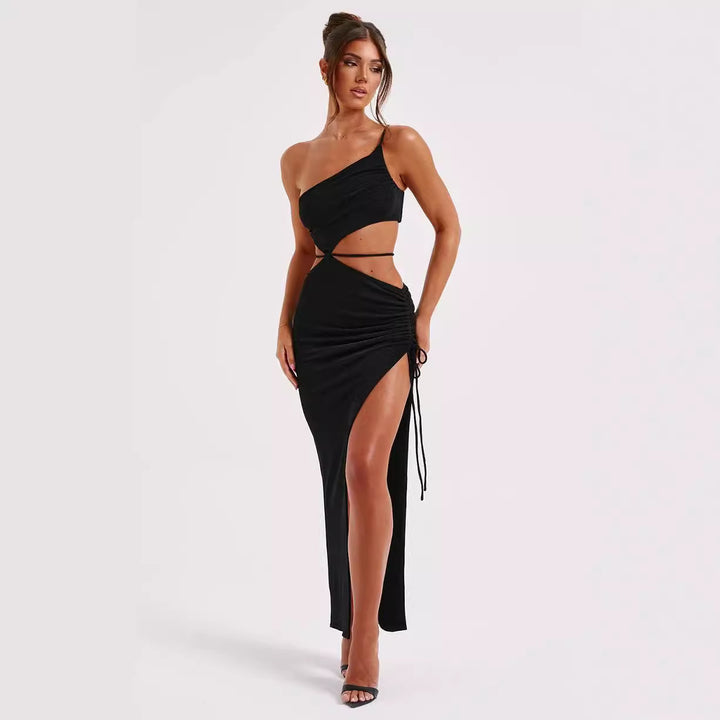 Women Elegant One-Shoulder Maxi Dress with Ruching and High Slit StylebySassy