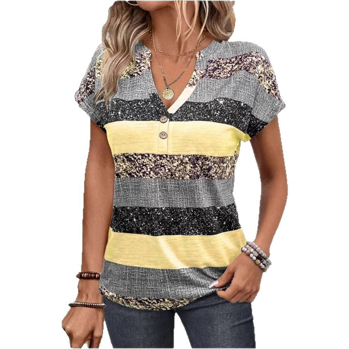 Women's loose short sleeve tunic top with V-neck decorative button placket and rounded hem StylebySassy