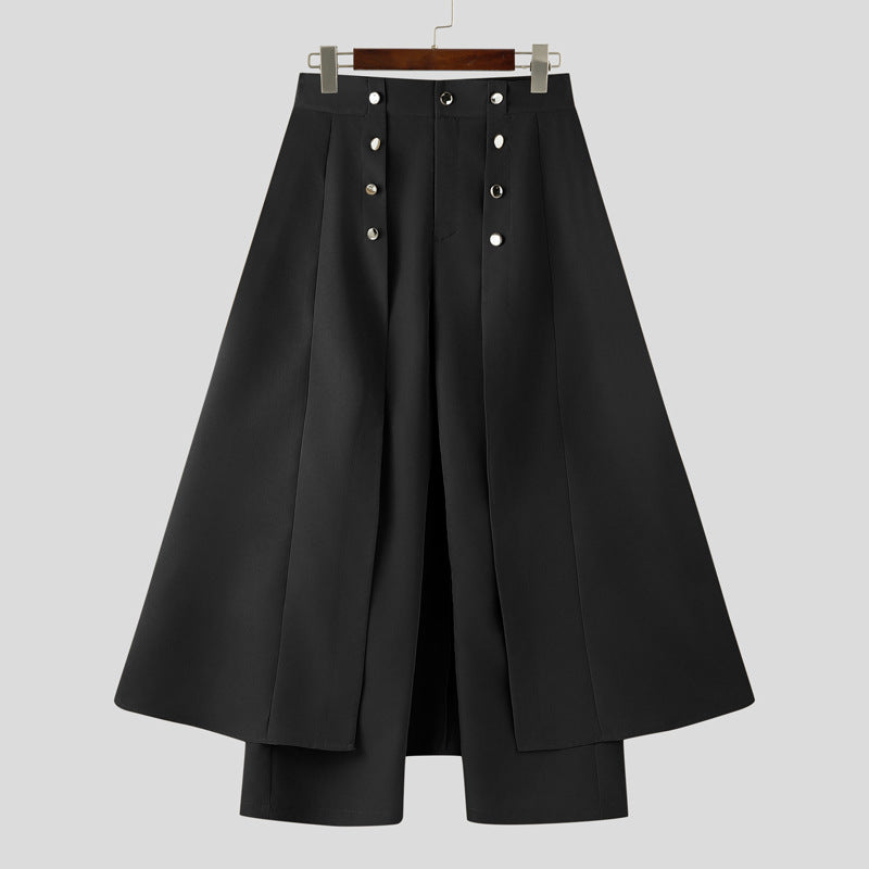 Women high-waisted flared midi wrap skirt with inner culottes and decorative button placket StylebySassy