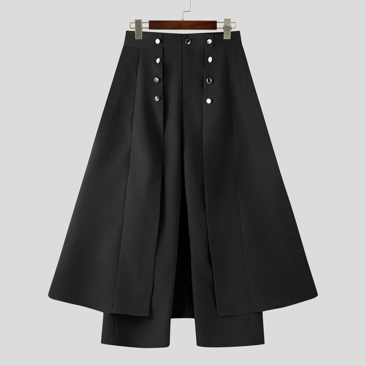 Women high-waisted flared midi wrap skirt with inner culottes and decorative button placket StylebySassy