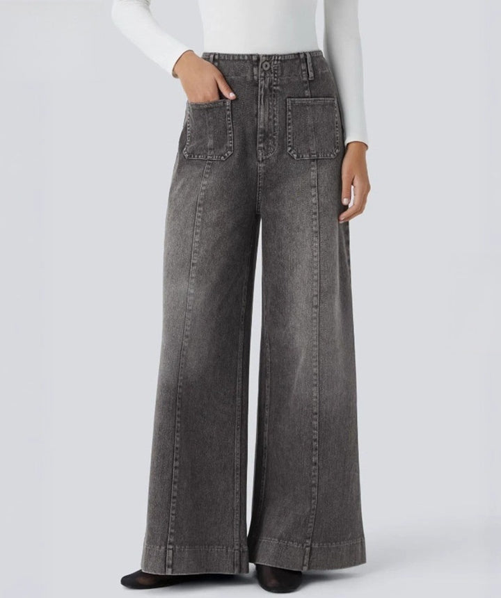 Women's high-waisted wide jeans pants with patch front pockets and vertical decorative seam StylebySassy
