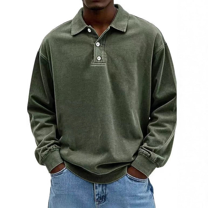 Men's casual polo shirt sweatshirt with collar, vintage wash and three-piece button placket StylebySassy