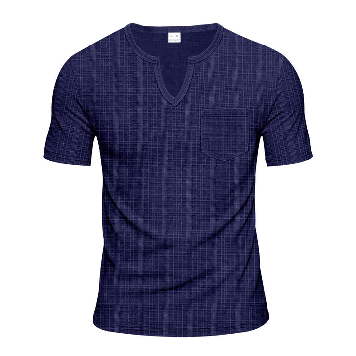 Men's short-sleeve shirt with V-slit neckline and patch chest pocket made of textured jersey StylebySassy