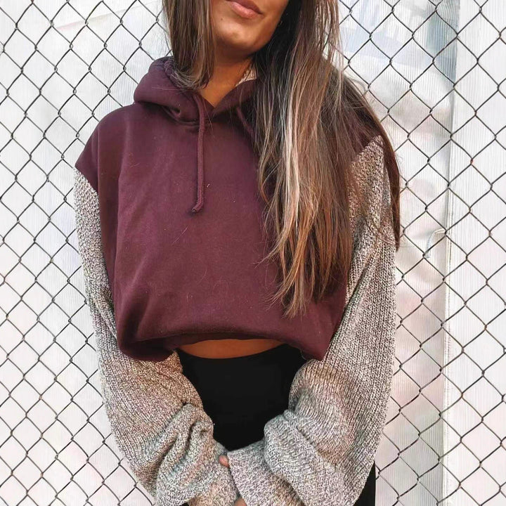 Women's Hooded Cropped Pullover with Wide-Cut Knitted Sleeves and Drawstring StylebySassy