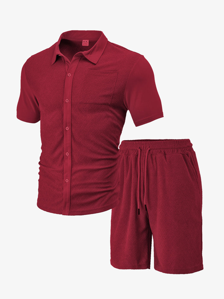 Men's buttoned leisure set with shirt collar herringbone structure chest pocket and drawstring shorts StylebySassy